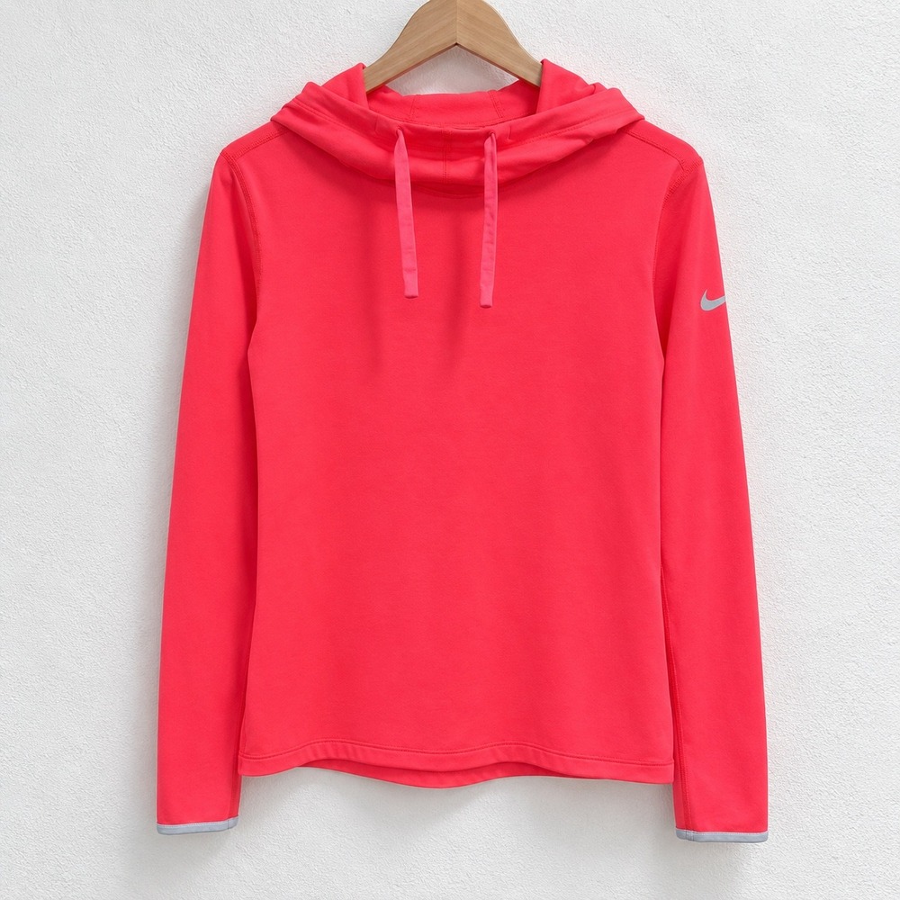 Nike Pro Dri-FIT Hoodie Womens Medium Pink Coral Long Sleeve Thumbhole Cowl Neck